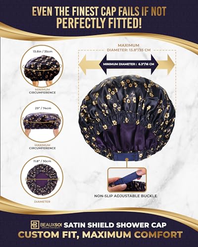 Satin-Lined Luxury Shower Cap for Women - Fleur de Nuit Design, Adjustable & Waterproof