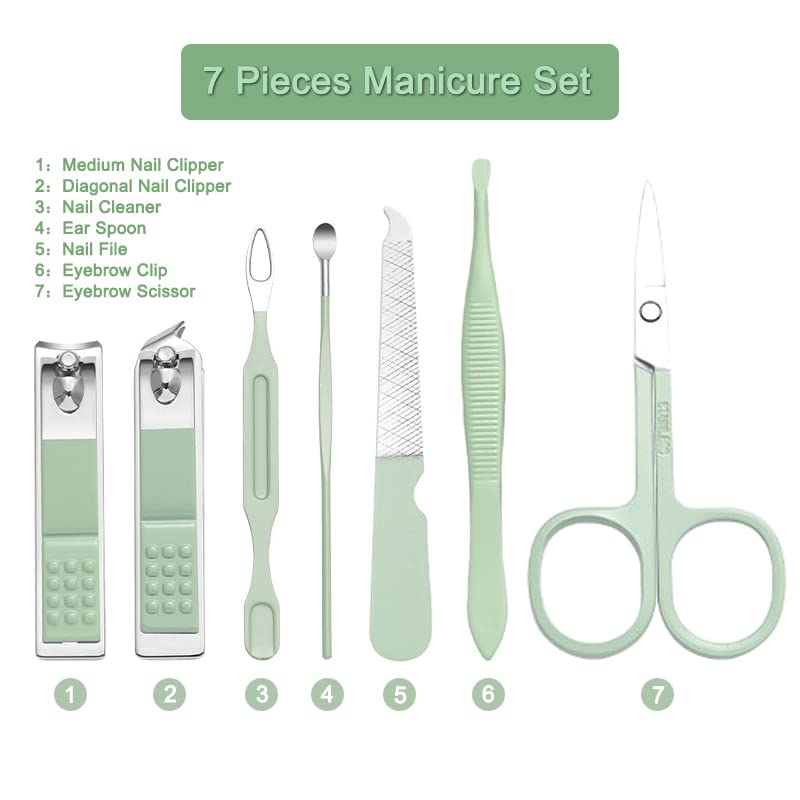 7-Piece Professional Manicure Set with Green Leather Bag
