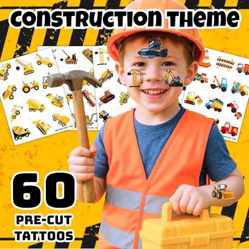 Pre-Cut Construction Temporary Tattoos for Kids - 60 Pack