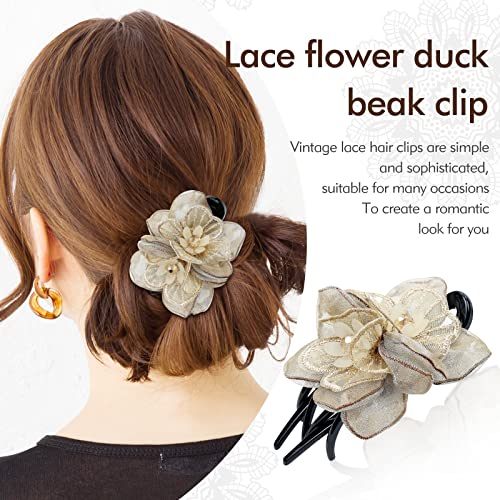 4-Pack Embroidered Mesh Flower Duckbill Hair Clips for Women & Girls