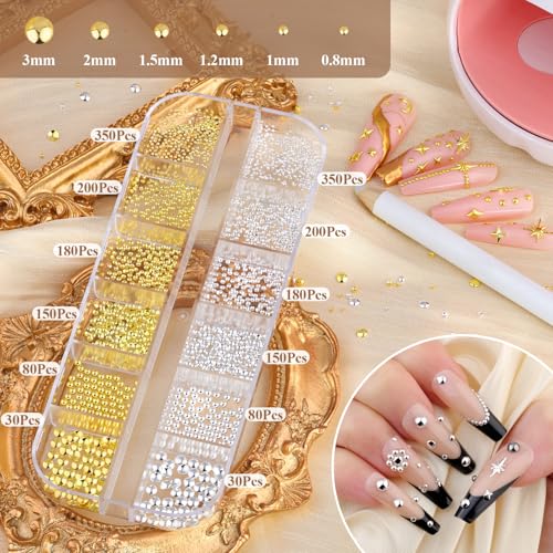 2640 Pcs Nail Charms & Caviar Beads Set with Tweezers - Gold & Silver