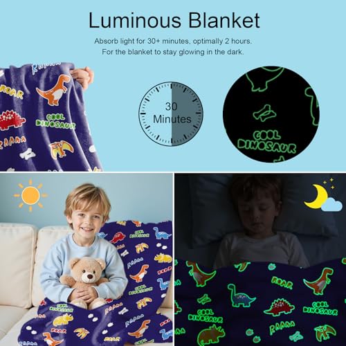 Dinosaur Glow in the Dark Blanket for Kids - Soft Fleece Throw (50"x60")