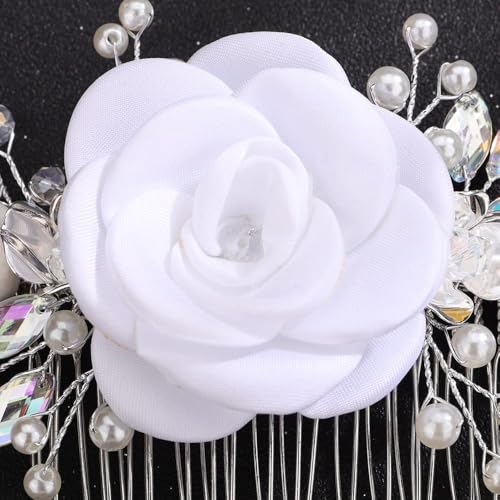 BERYUAN White Rose Wedding Hair Comb AB Rhinestones Bridal Headpiece for Women Girls