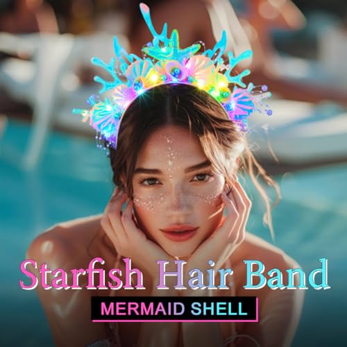JEAIRTS Light Up Mermaid Shell Headband Glowing Hair Accessories for Costumes
