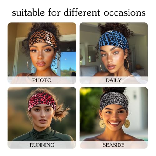 Urieo Leopard Print Wide Headbands for Women - Stretchy Knotted Turban (4-Pack)