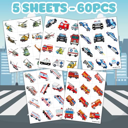 60 PCS Emergency Transportation Temporary Tattoos for Kids