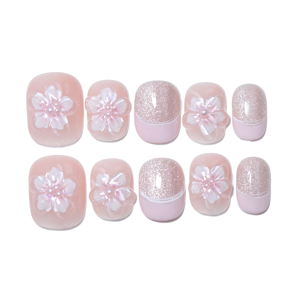 Handmade Press On Nails - Nude Pink Glitter French Tips | 10 Pcs Reusable & Easy to Apply