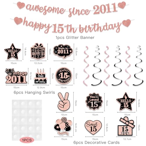Glitter Rose Gold 15th Birthday Banner Decorations for Girls