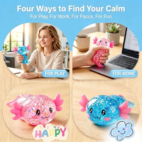 2 Pack Axolotl Squishy Stress Balls - Glittery Collectible Figurines