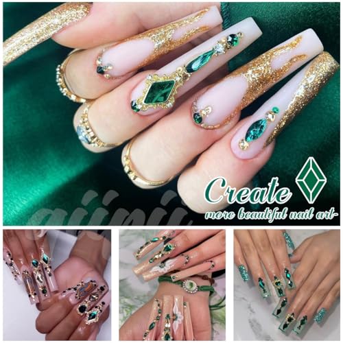 qiipii Luxury Emerald Green Nail Charms - 24pcs Heart & Rhinestone Gems Box