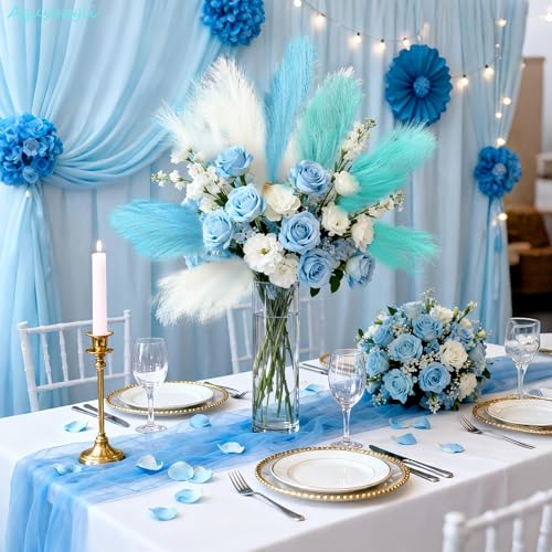 30pcs Light Blue Faux Pampas Grass Decor - 21.5in Artificial Vase Filler