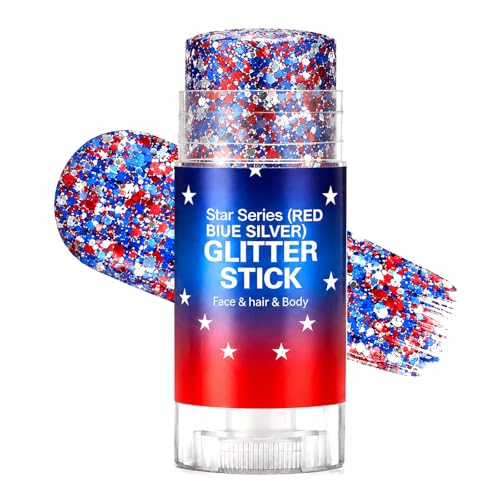 4th of July Body Glitter Stick, Red White and Blue Accessories, Patriotic Hair Face Glitter Makeup for Women Kids, Fourth of July Outfits and Decorations for 250th Independence Day, Memorial Day