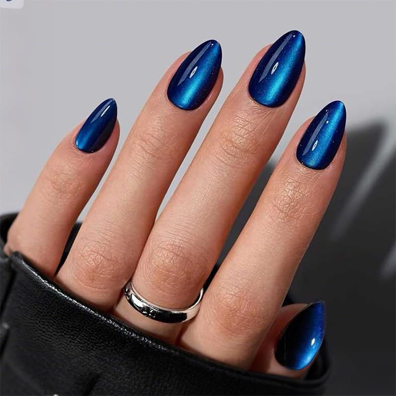 Dark Blue Almond Press On Nails - 24 Pcs Pearl Shimmer French Fake Nails