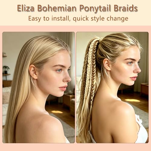 24-Inch Ombre Blonde Braided Ponytail Hair Extensions with Beads | Handmade Synthetic Dreadlocks