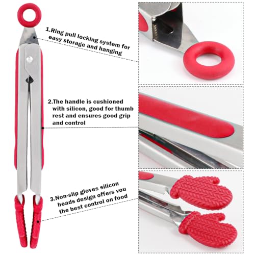 DOERDO Silicone Kitchen Tongs with Stainless Steel Tips - 9.8 Inch