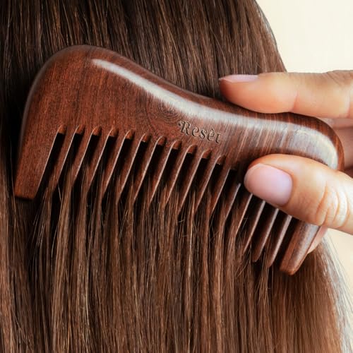 Resèt Natural Sandalwood Wooden Comb - Wide Tooth Hair Detangler & Massage Brush, Eco-Friendly & Anti-Static, Travel Size