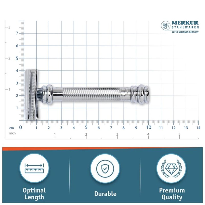 MERKUR 39C Double Edge Safety Razor, Slant Bar Design- Long Handle, Made in Germany, Plastic-Free, Two Piece Design