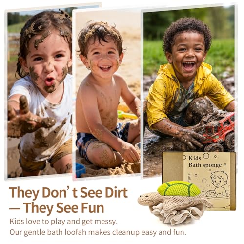 Dewlavelle Kids Bath Sponge - Soft Mesh Shower Pouf with Cute Turtle & Bunny - Gentle Kid-Friendly Bath Accessories