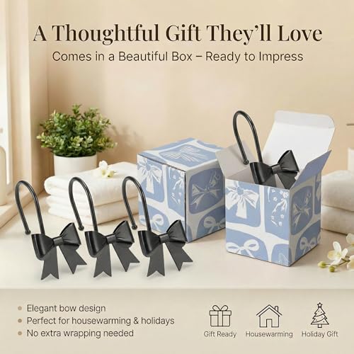 Black Metal Decorative Bow Knot Shower Curtain Hooks - 12 Pack
