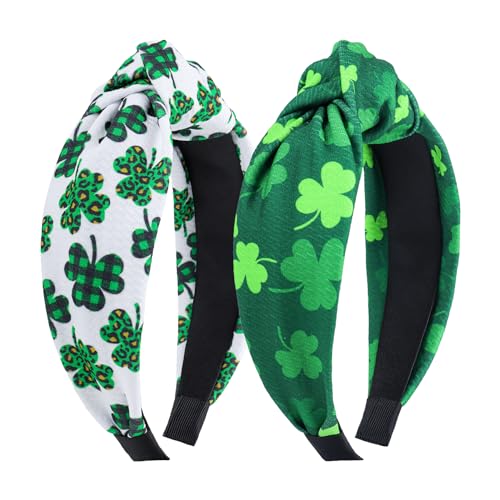 YanJie Knotted Clover Shamrock Headbands for Women & Girls, St. Patrick's Day Gift, Green White Leopard Variation