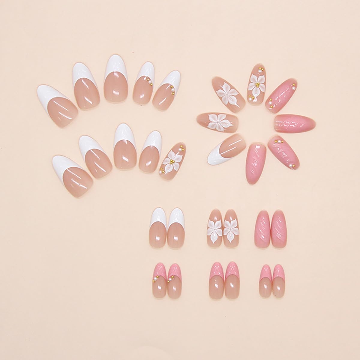 3D Pink Press-On Nails - Almond Medium False Nails with White French Tips & Gold Bead Flower Rhinestones | Cute Acrylic Nail Art for Spring
