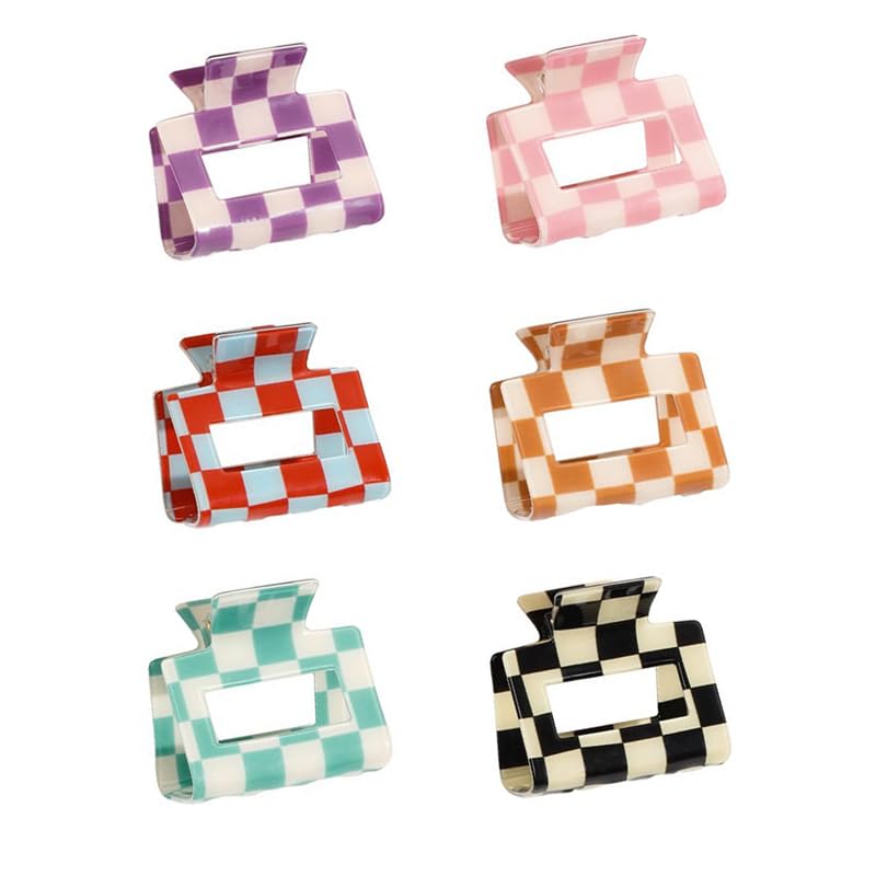 Colorful Checkered Rectangle Hair Claw Clips for Women - Strong Hold, 6 Pcs