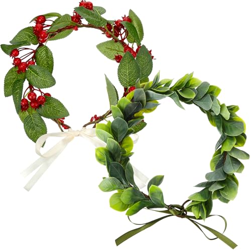 2 Pcs Christmas Floral Crown Headbands - Boho Leaf & Berry Hair Accessories