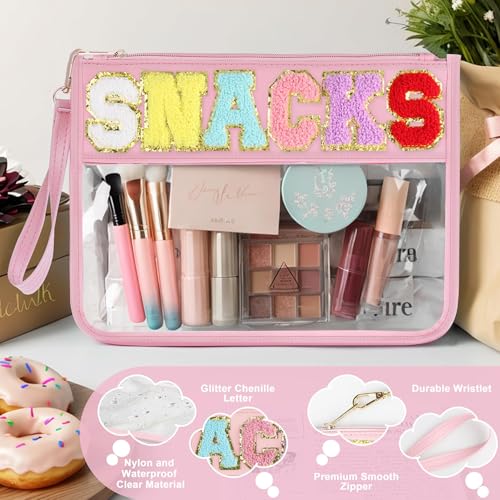 HIGH FIT Waterproof Clear Cosmetic & Snack Pouch with Chenille Letter Patch - Travel Makeup Bag, Multi-Use, Color: Snack