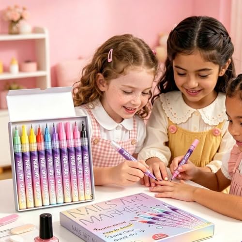 Kids Nail Art Pens Set - 12 Vibrant Colors, Fine Tip, Quick Dry & Waterproof