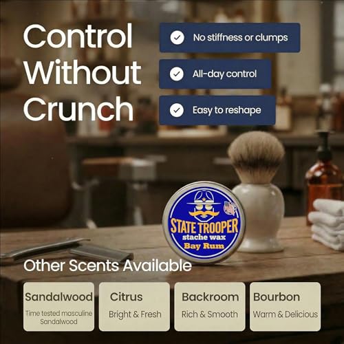 State Trooper Bay Rum Mustache Wax - Medium Hold Natural Styling, 2 oz