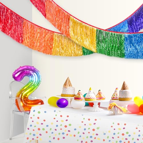 Rainbow Foil Fringe Garland - 6 Feet Metallic Tinsel Banner for Parties