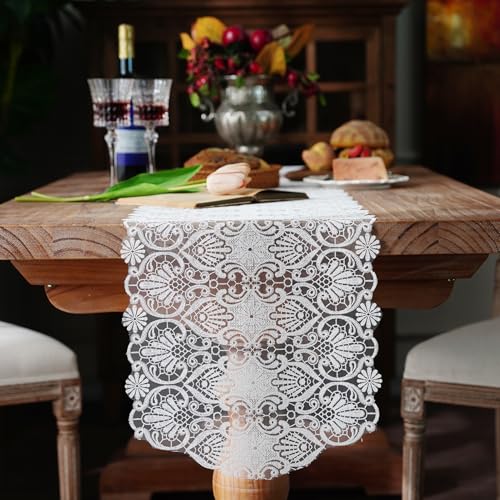 Elegant White Faux Lace Table Runner, 14" x 48" for Weddings & Decor