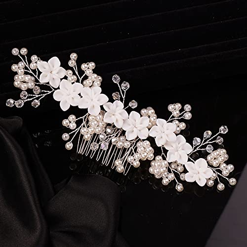 Dainty Silver Flower Pearl Rhinestone Bridal Hair Comb for Wedding