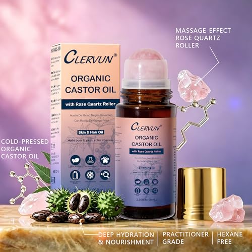 CLERVUN Organic Castor Oil with Rose Quartz Roller – 2.02 fl. oz