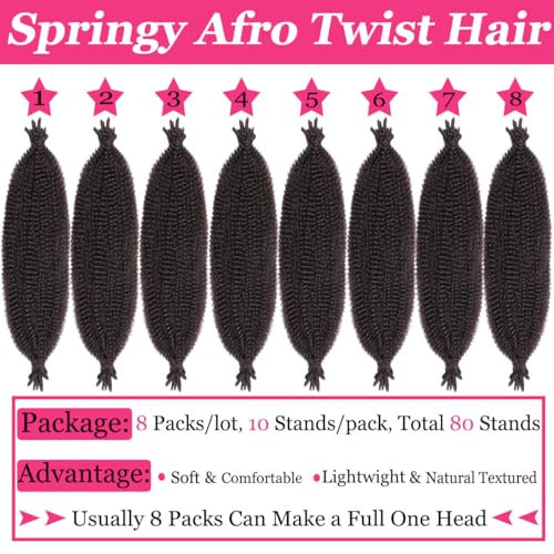 COOKOO 16-Inch Pre-Fluffed Springy Afro Twist Hair - 8 Pack Synthetic Braiding