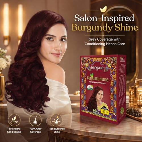 Kangana Burgundy Henna Hair Dye Powder - 1 Pack (50g) for Grey Coverage, Ammonia-Free, Easy Home Application