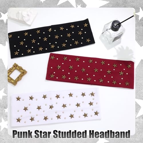 3 Pcs Punk Star Studded Headbands Set - Black, White, Red