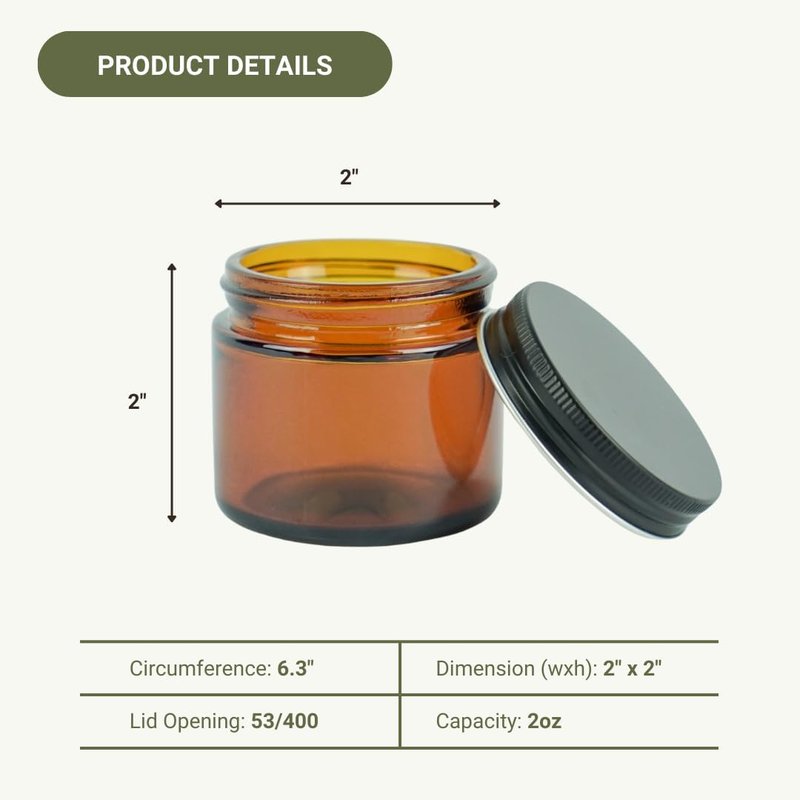 Glass Amber 2oz Jar - Lead-Free Round Jars for Beauty Products | Black Lid, Ideal for Lotions & Powders