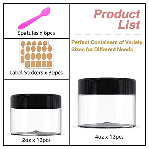 12 Pack 4oz & 2oz Plastic Jars with Black Lids for Lip Scrub