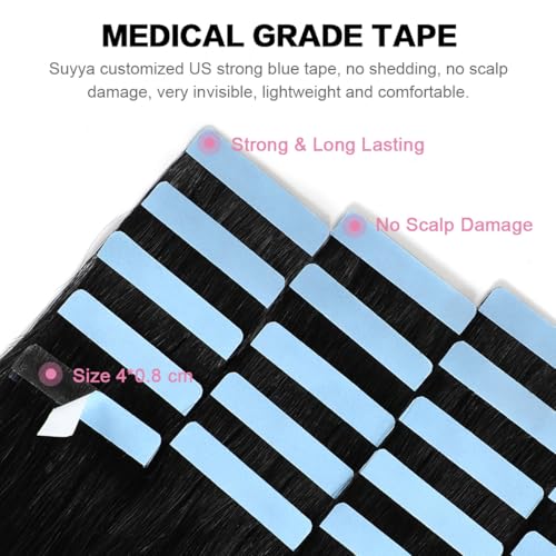 12 Inch Tape In Hair Extensions - SUYYA Remy Human Hair #1 Jet Black