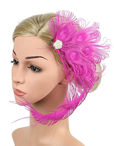 Z&X Handmade Peacock Feather Fascinator Hair Clip 015a- Rose Red