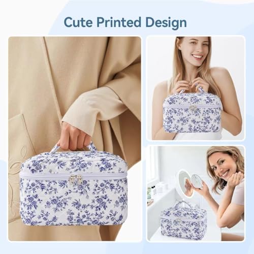 Blue Travel Quilted Makeup Bag with Bow - Cotton Cosmetic Organizer for Women & Girls