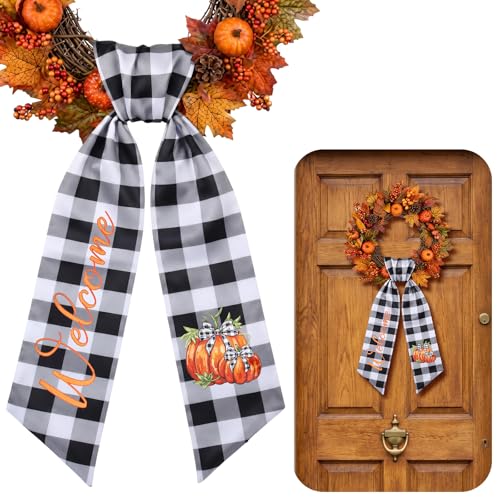 Buffalo Plaid Pumpkin Wreath Sash for Front Door Decor