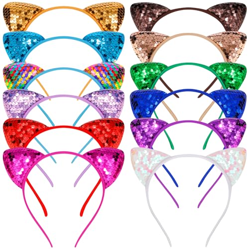 COCIDE 12Pcs Sequins Cat Ears Headbands Set for Girls