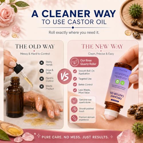 Organic Castor Oil Roll-On with Rose Quartz for Hair & Skin – 1.7 Oz