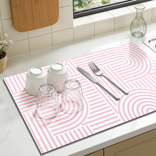 Findosom 12" x 20" Super Absorbent Dish Drying Mat - Pink & White Geometric