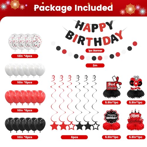 Red & Black Birthday Decoration Set for All Ages - 22 Balloons, Banner, Swirls & More