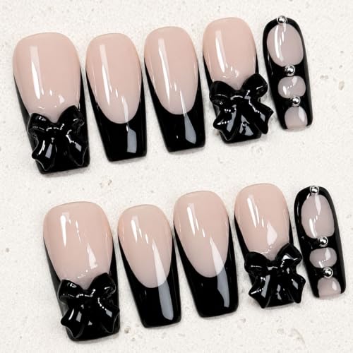 Medium Black French Tip Press on Nails with 3D Bow - Exylixor 662603MSQ
