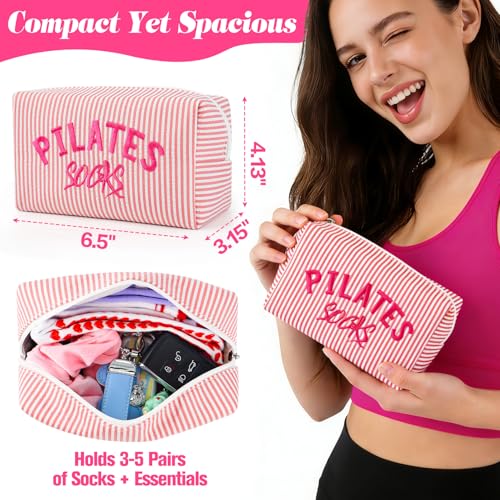 Pilates Grip Socks Bag - Embroidered Seersucker Pouch for Gym & Travel