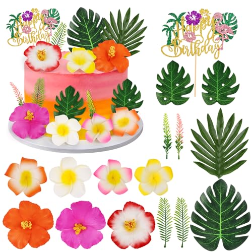 16PCS Tropical Hawaiian Flower Cake Toppers for Summer Parties